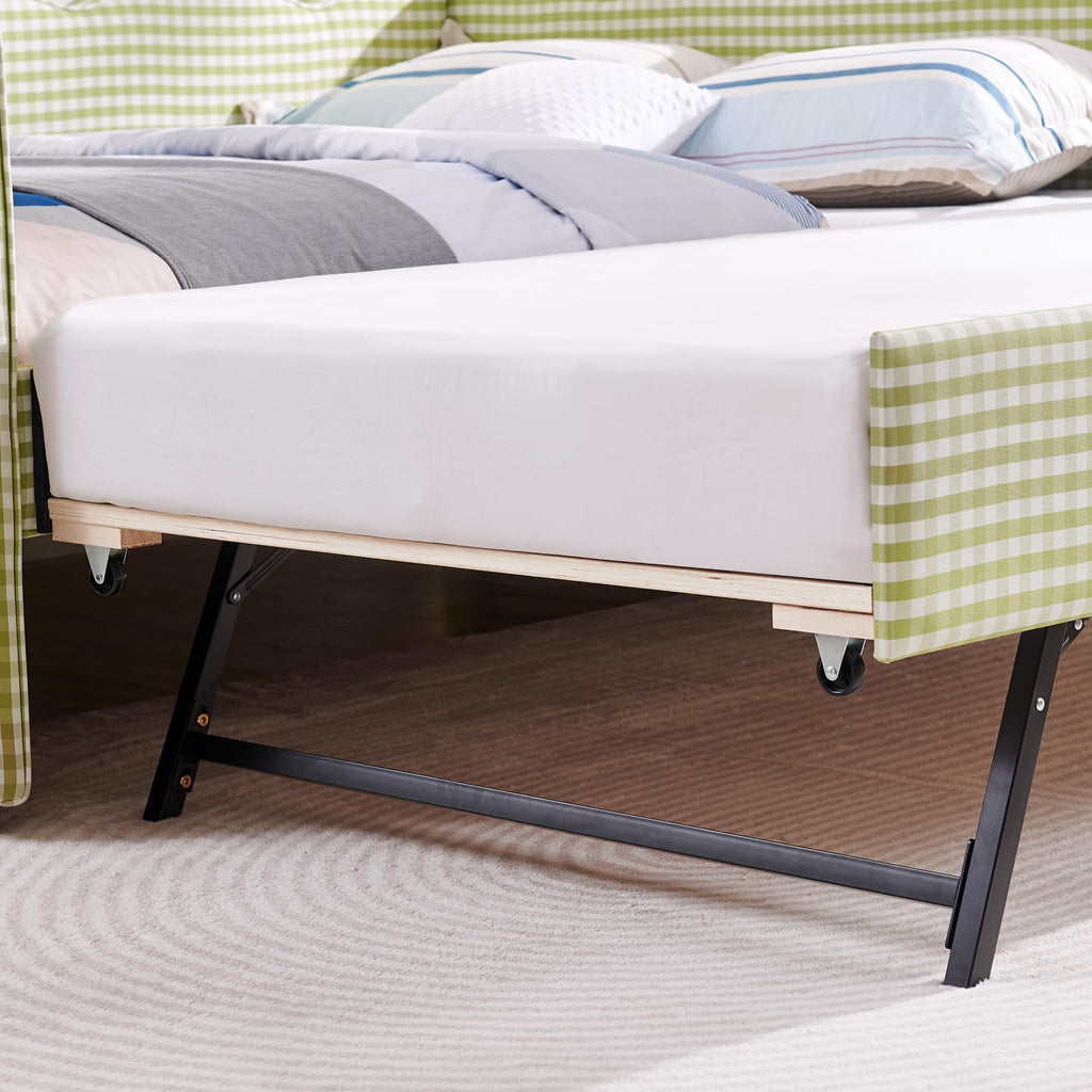 Green Gingham Full to King Upholstered Daybed with Trundle Q52410