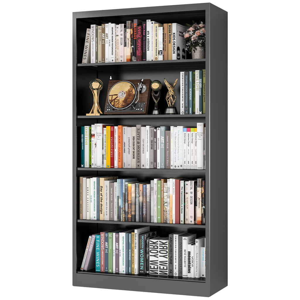 66" Tall Black Metal Bookcase with Adjustable Shelves S31035