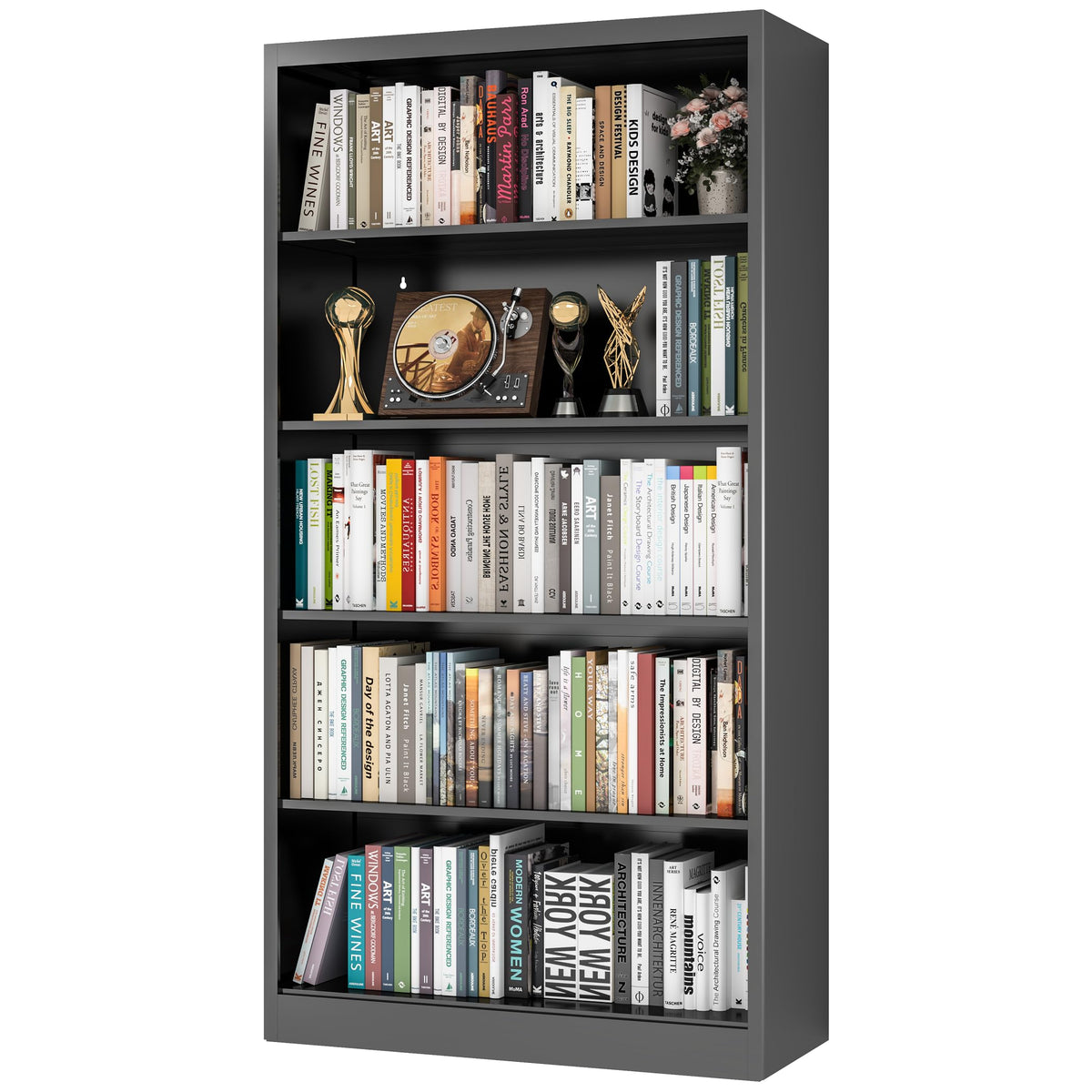 66" Tall Black Metal Bookcase with Adjustable Shelves S31035
