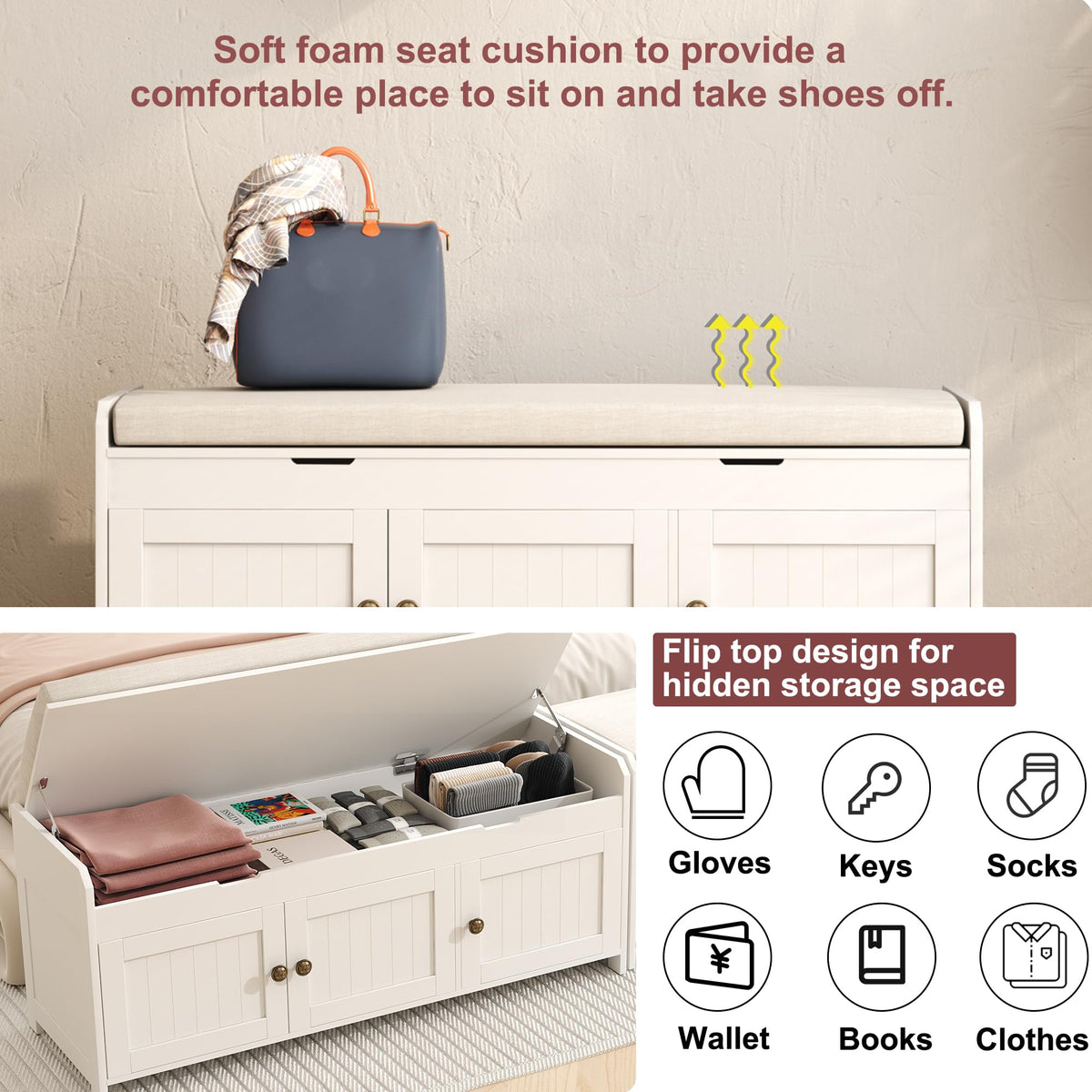 White Lift Top Storage Shoe Bench with Cushioned Seat U996422