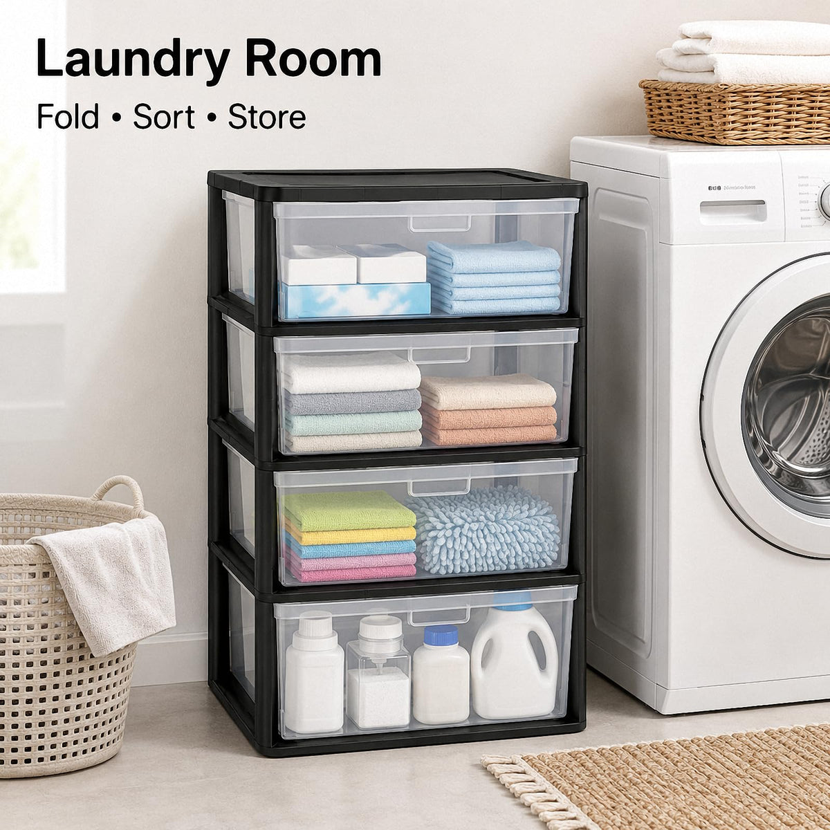 Black 4 Drawer Storage Organizer Tower with Clear Removable Bins B806587