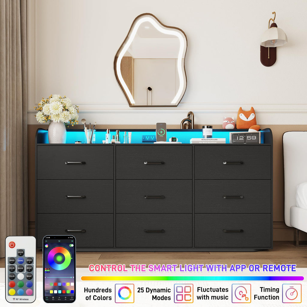 Black 9 Drawer Wood Dresser with Power Outlet and LED Lights N22577