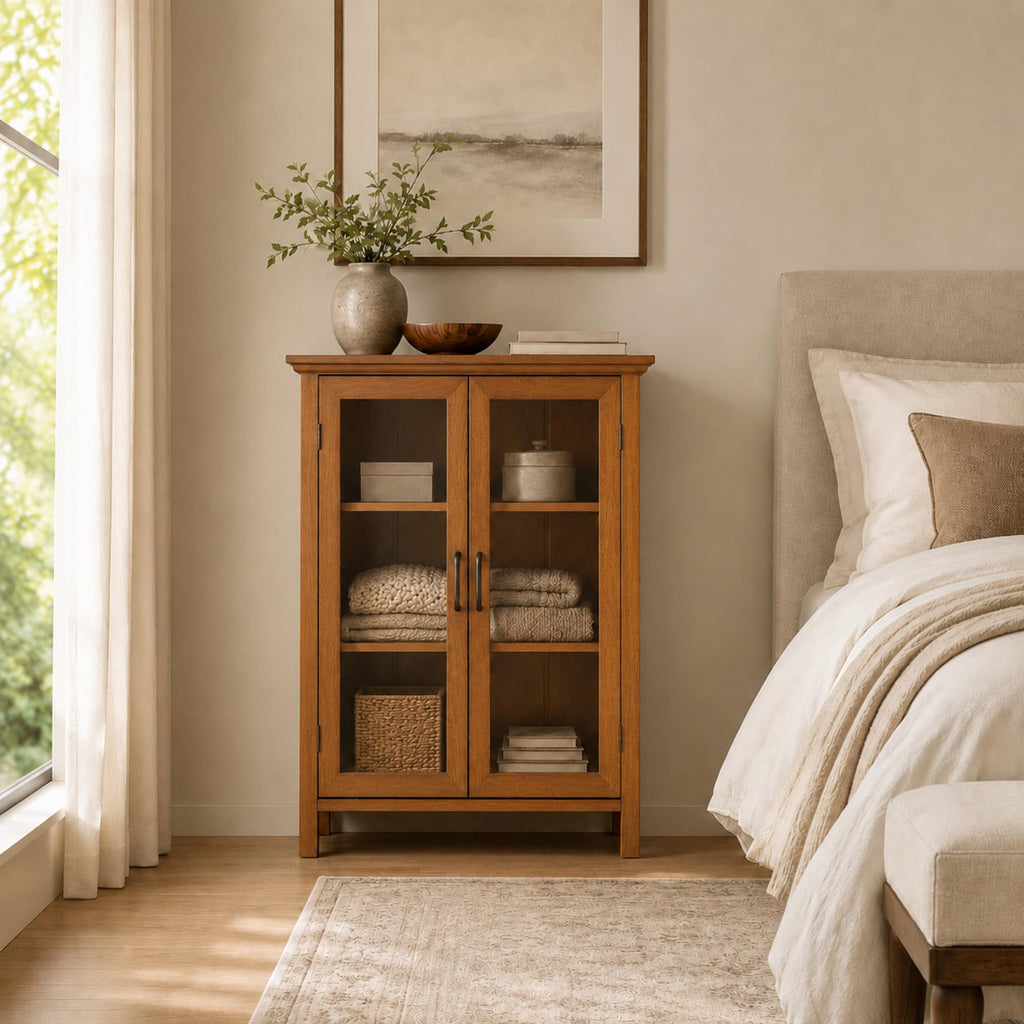 Wooden Freestanding Floor Cabinet with 2 Adjustable Shelves and 2 Glass Paneled Doors M21968