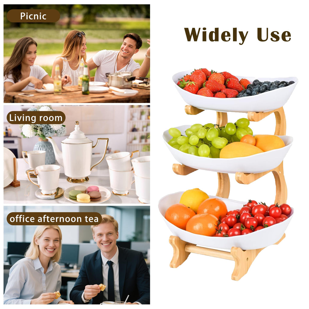 3 Tier Plastic Fruit Bowl with Bamboo Stand F1846