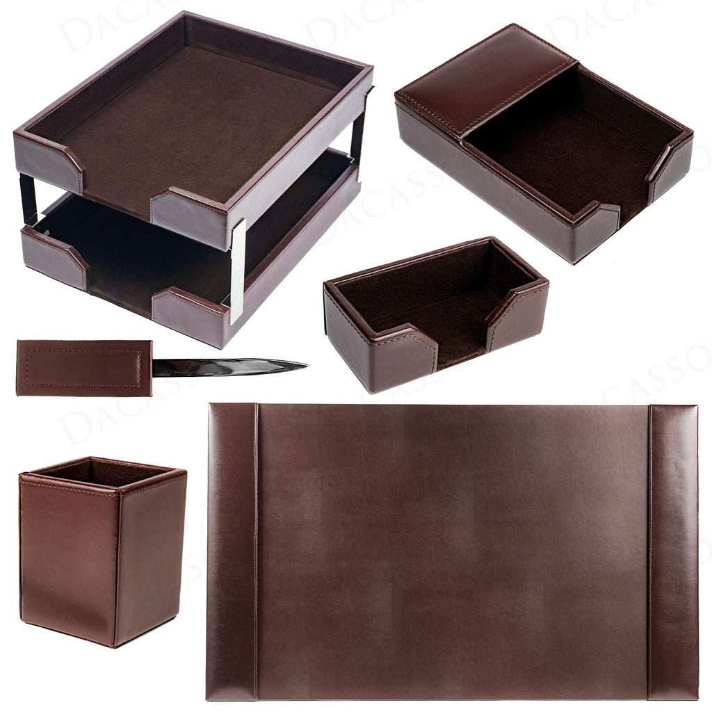 Dark Brown Bonded Leather 8-Piece Desk Accessory Set U93794