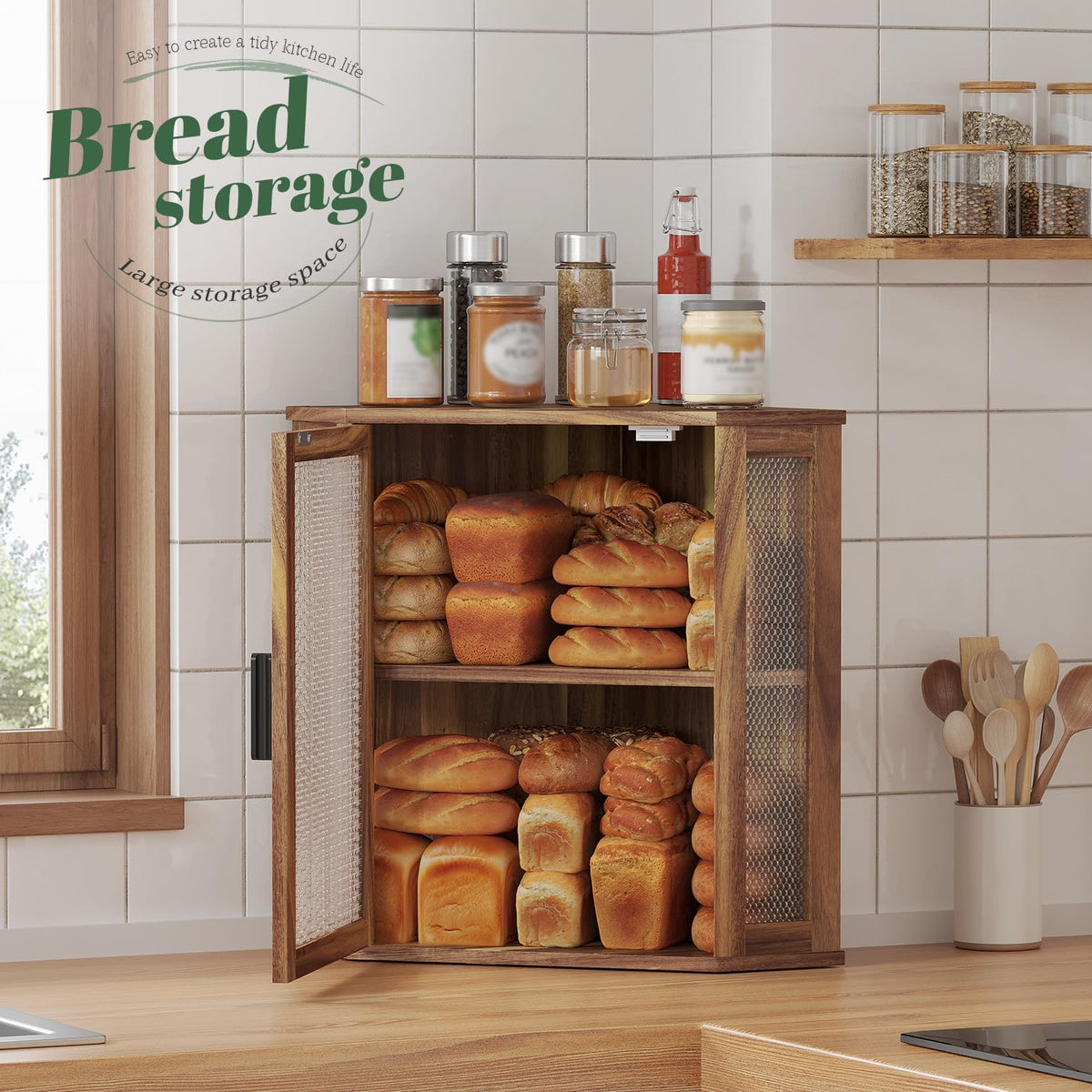 2-Tier Acacia Wood Bread Box with Window H7004