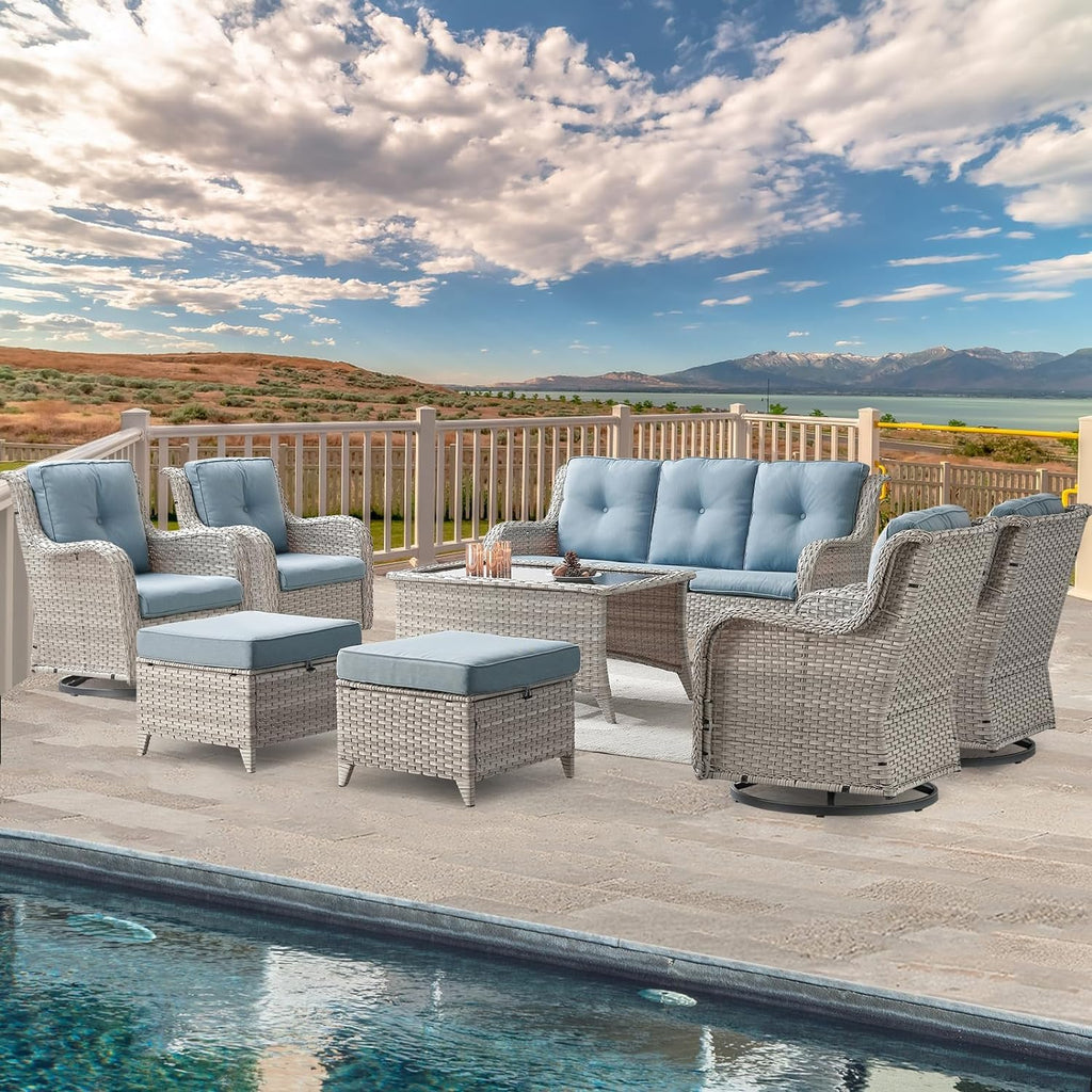 8 Piece Wicker Patio Furniture Conversation Set with Swivel Rocker Chairs, Sofa, Ottomans and Coffee Table K755480