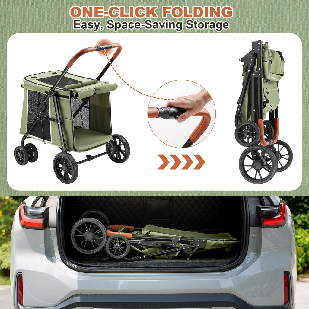 Medium Dog Stroller, One-Touch Folding, 360° Rotating Front Wheels, 80 lbs Weight Capacity, Green M20561
