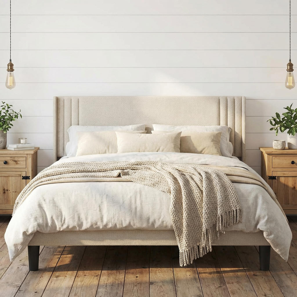 Queen Upholstered Platform Bed with Wingback Headboard M299