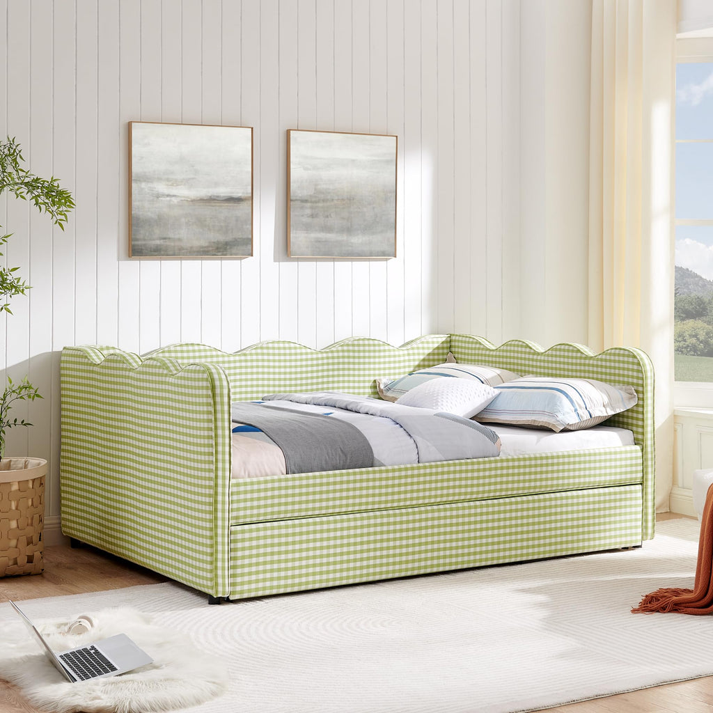 Green Gingham Full to King Upholstered Daybed with Trundle Q52410