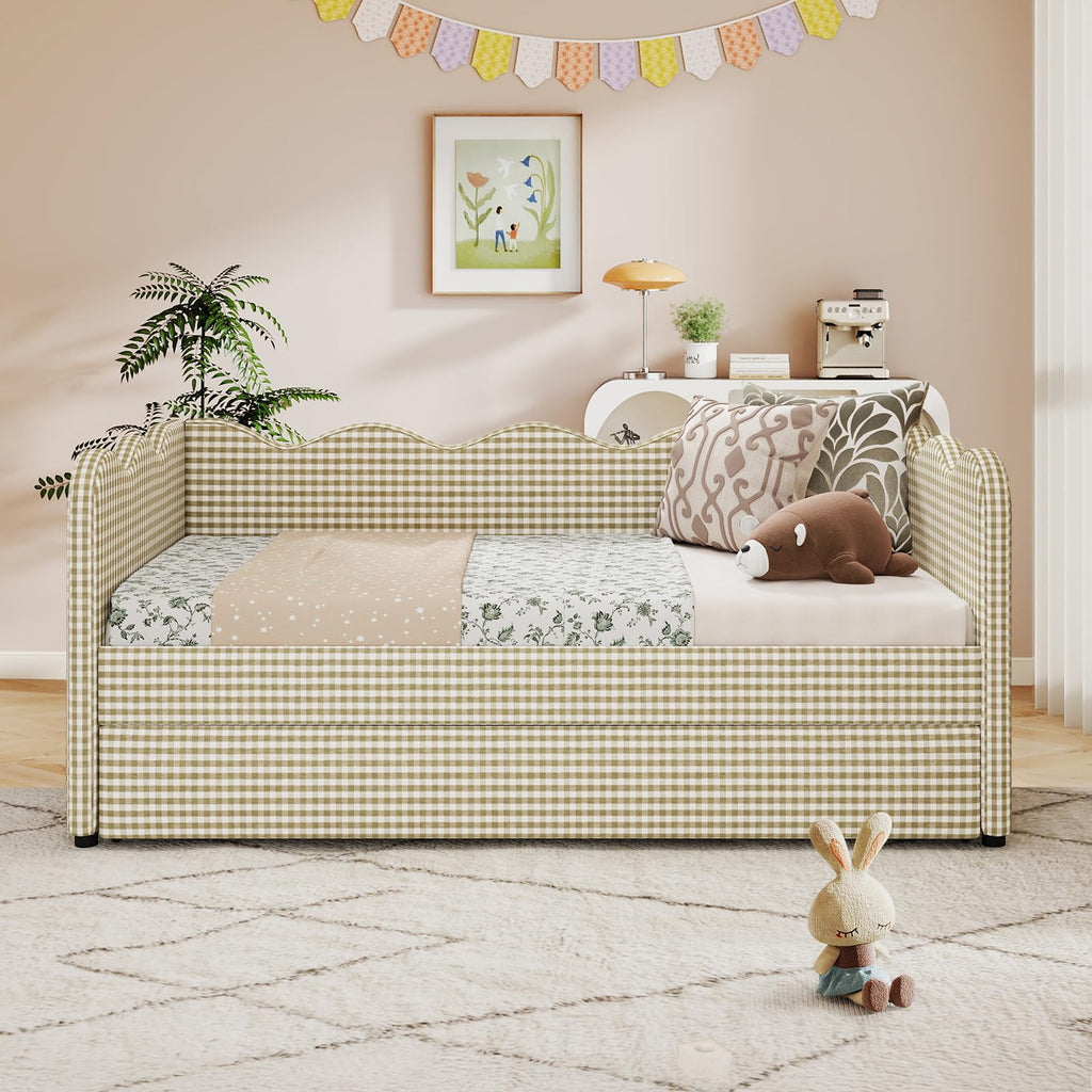 Twin Size Upholstered Gingham Daybed with Pop Up Trundle O374347