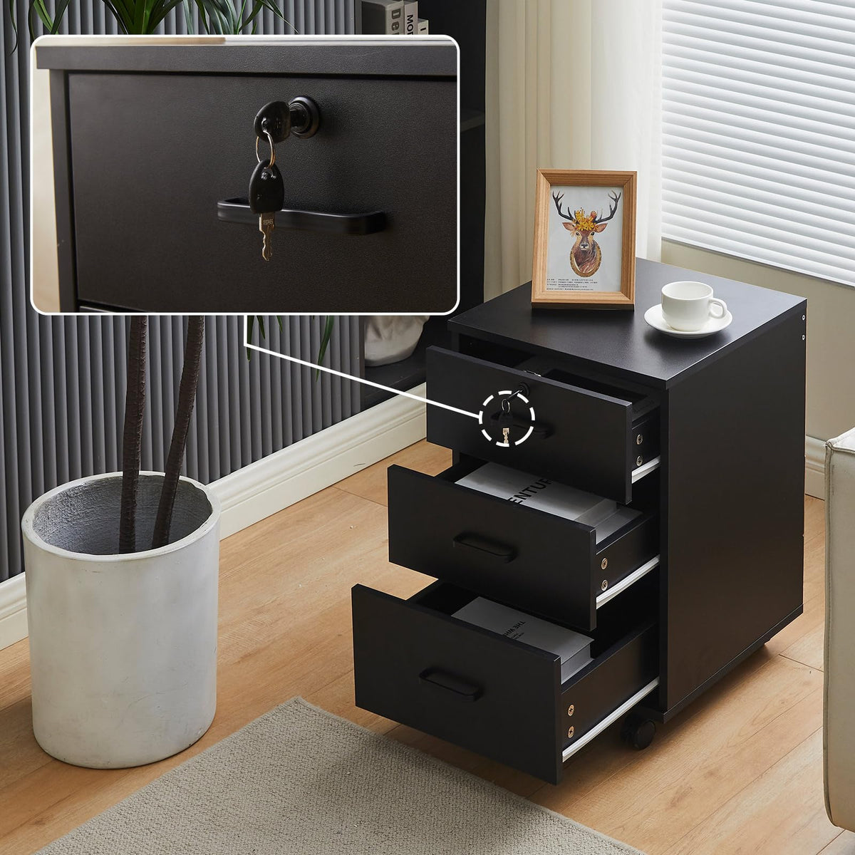 3 Drawer Black File Cabinet with Lock B45340