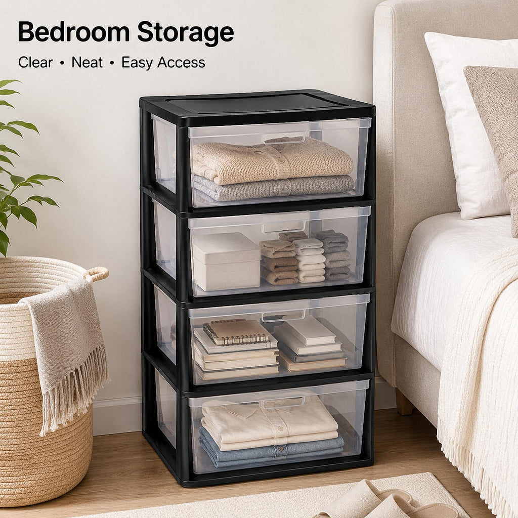 Black 4 Drawer Storage Organizer Tower with Clear Removable Bins B806587