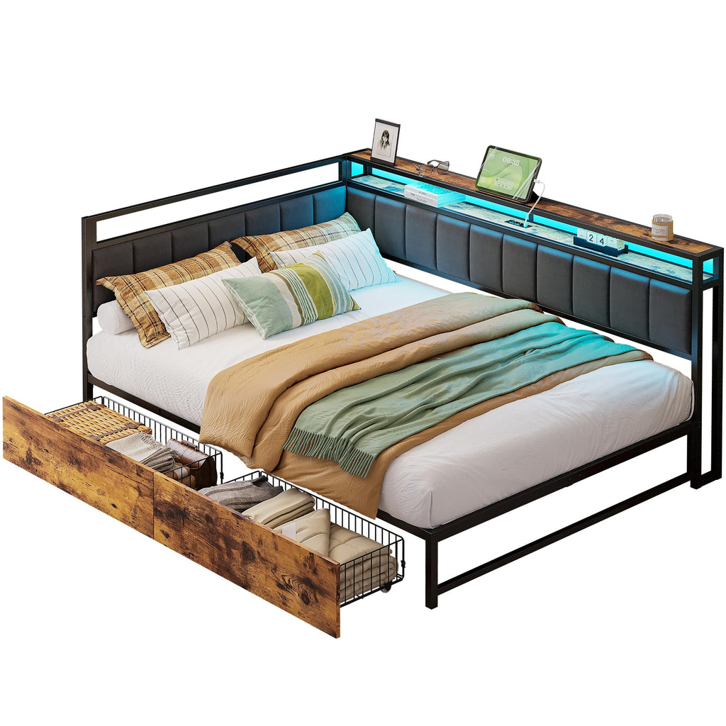 Full Corner Bed Frame with Storage Drawers, LED, Charging, Black Z68072