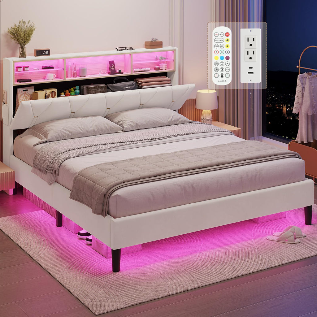 Full Size Bed Frame with Storage Headboard and LED Lights R92442