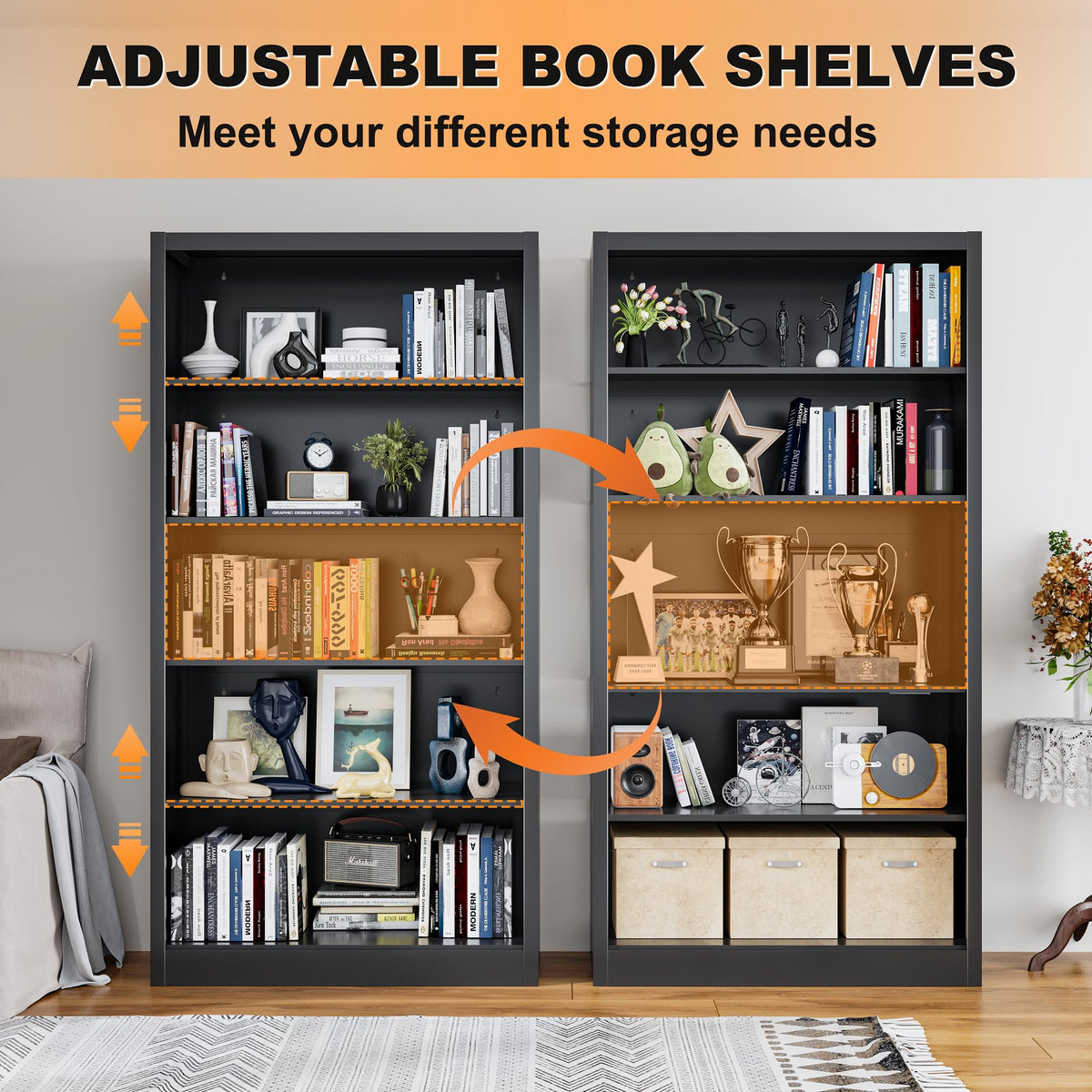 66" Tall Black Metal Bookcase with Adjustable Shelves S31035