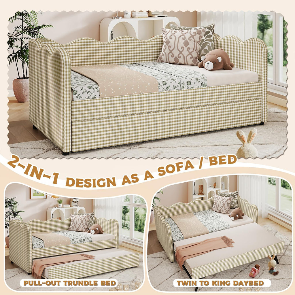 Twin Size Upholstered Gingham Daybed with Pop Up Trundle O374347