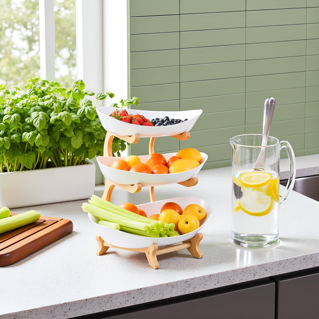 3 Tier Plastic Fruit Bowl with Bamboo Stand F1846