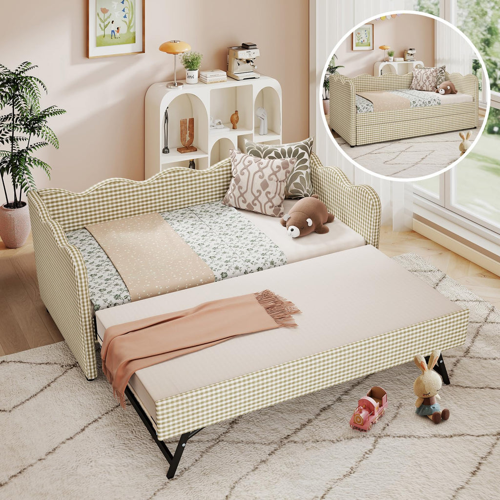 Twin Size Upholstered Gingham Daybed with Pop Up Trundle O374347