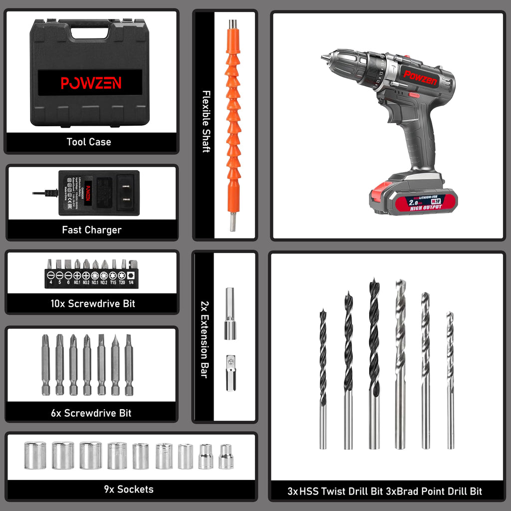 21V Brushless Cordless Power Drill with 2 Battery and Charger N465