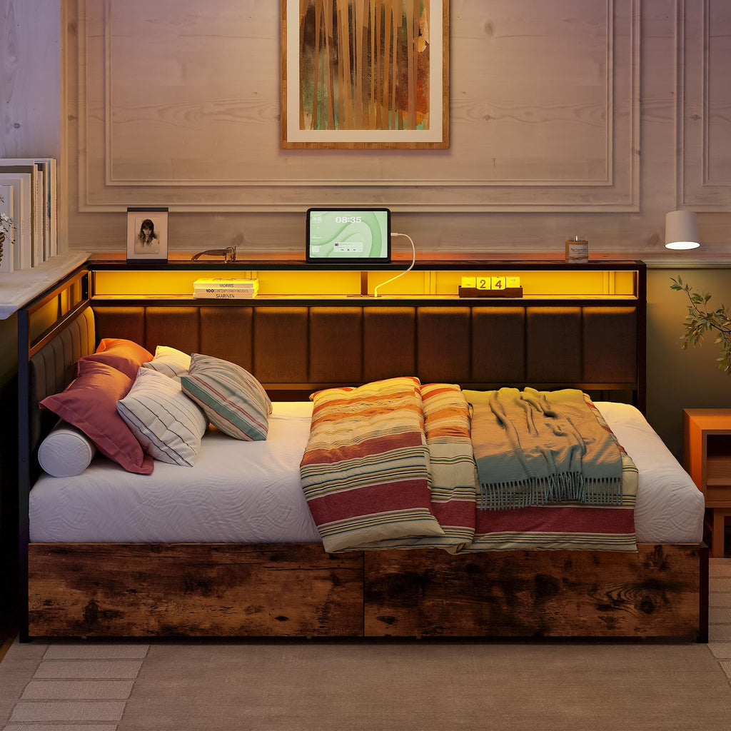 Full Corner Bed Frame with Storage Drawers, LED, Charging, Black Z68072