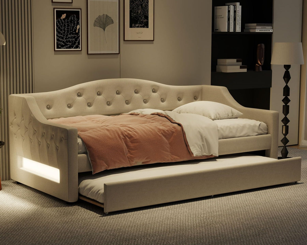 White Twin Size Linen Upholstered Daybed with Trundle A6827