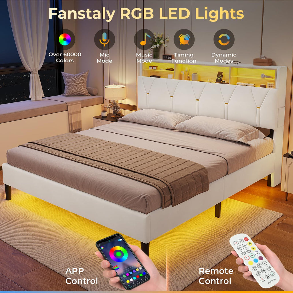 Full Size Bed Frame with Storage Headboard and LED Lights R92442