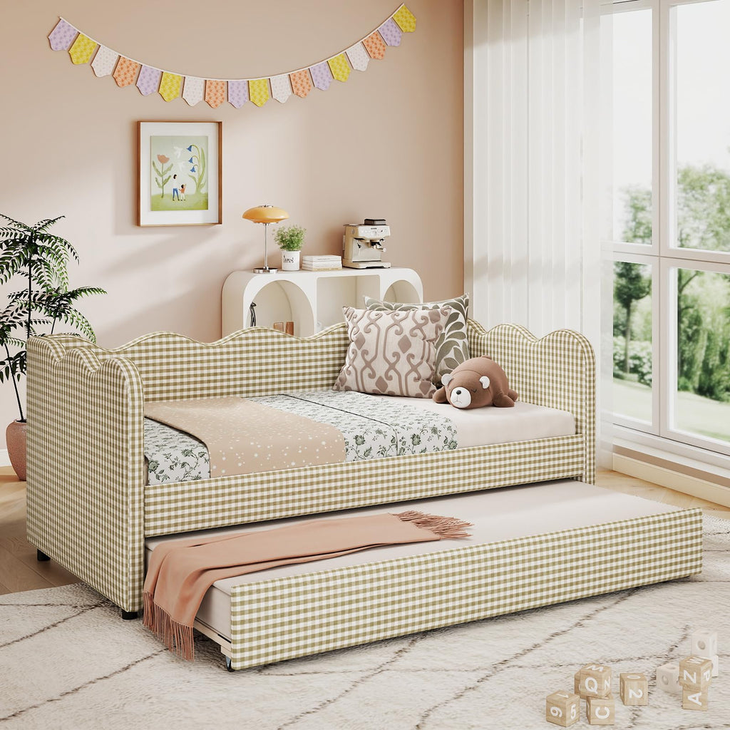 Twin Size Upholstered Gingham Daybed with Pop Up Trundle O374347