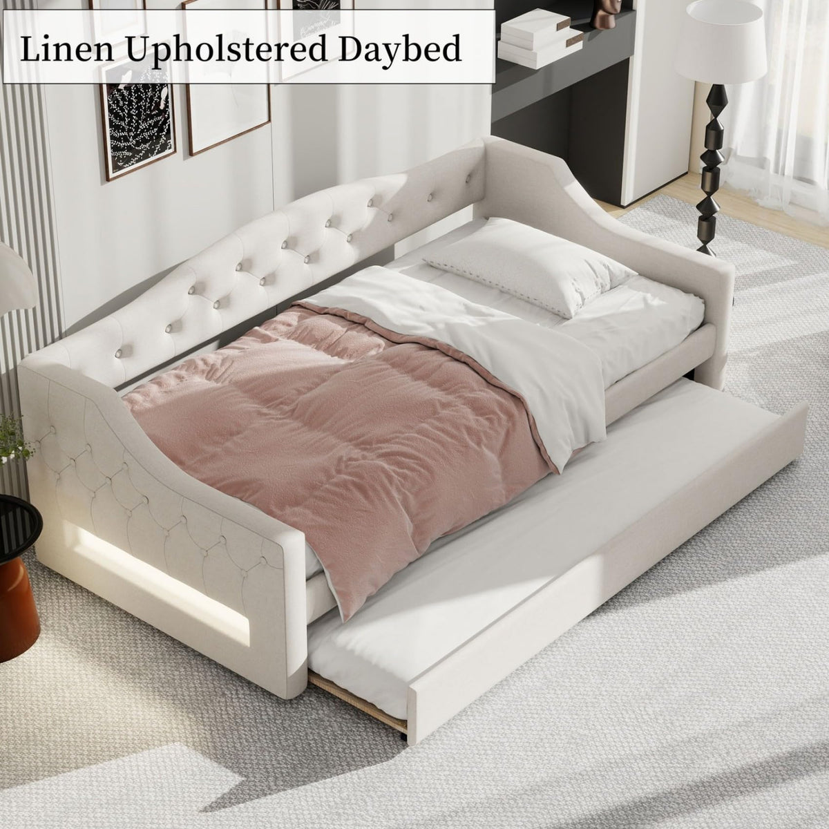 White Twin Size Linen Upholstered Daybed with Trundle A6827