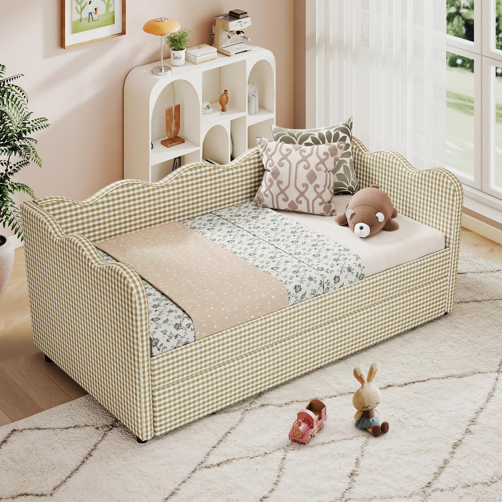 Twin Size Upholstered Gingham Daybed with Pop Up Trundle O374347
