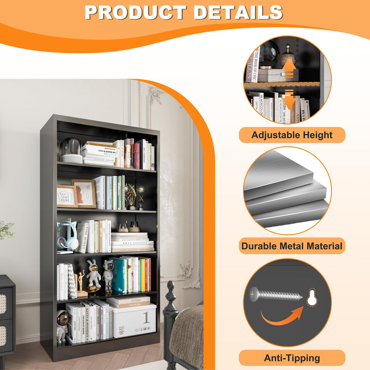 66" Tall Black Metal Bookcase with Adjustable Shelves S31035