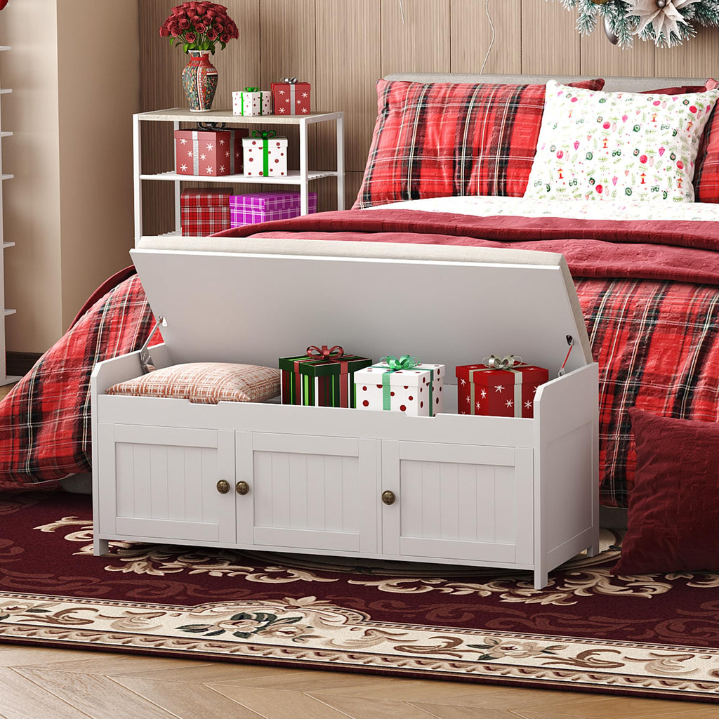 White Lift Top Storage Shoe Bench with Cushioned Seat U996422