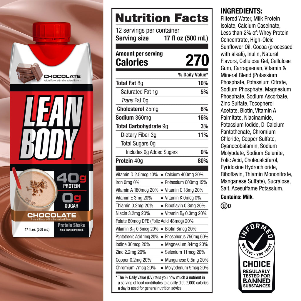 Chocolate Protein Shake, 40g Protein, 0 Sugar, 17 Fl Oz (Pack of 12) C776