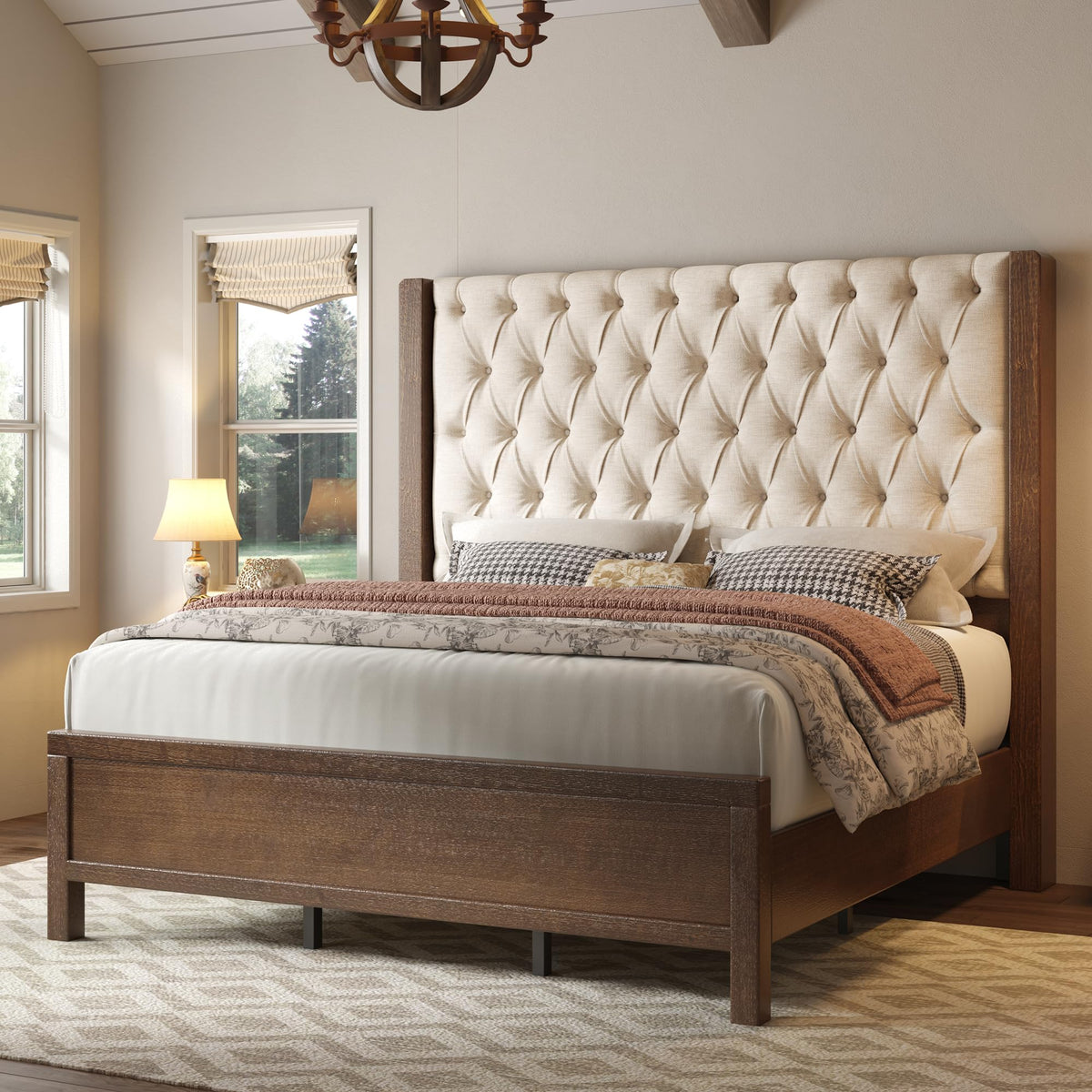 Queen Size Solid Wood Bed Frame with Wingback Headboard C3402
