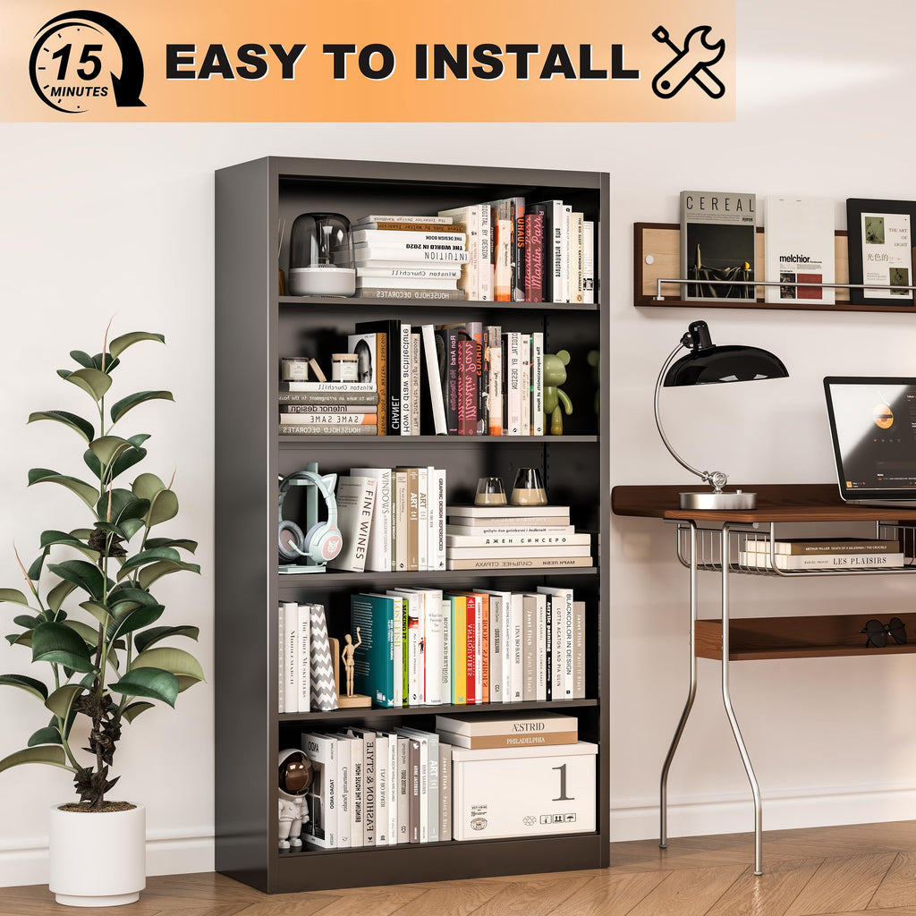 66" Tall Black Metal Bookcase with Adjustable Shelves S31035