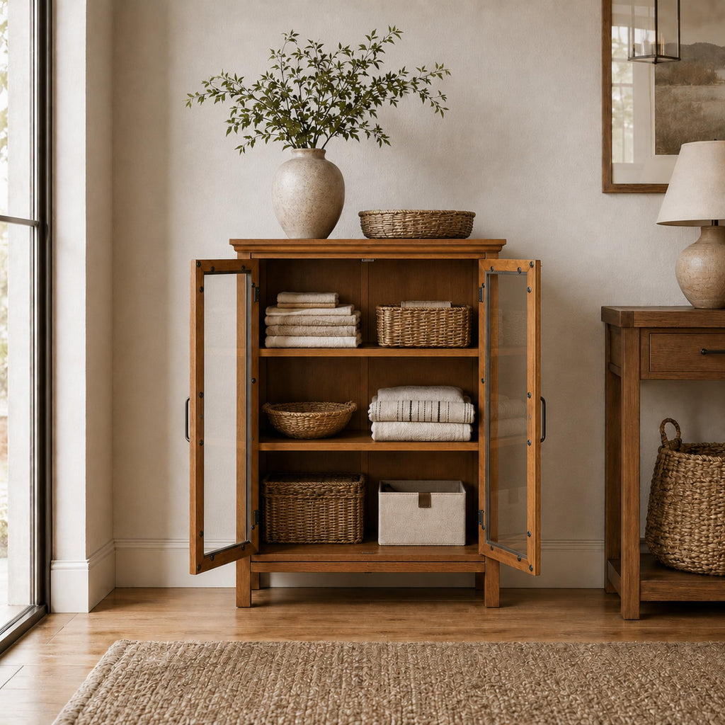 Wooden Freestanding Floor Cabinet with 2 Adjustable Shelves and 2 Glass Paneled Doors M21968