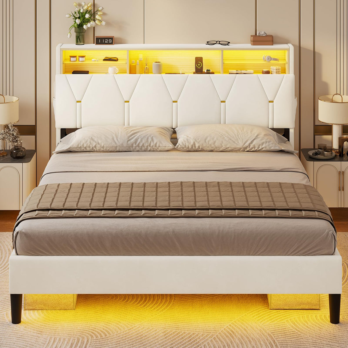 Full Size Bed Frame with Storage Headboard and LED Lights R92442