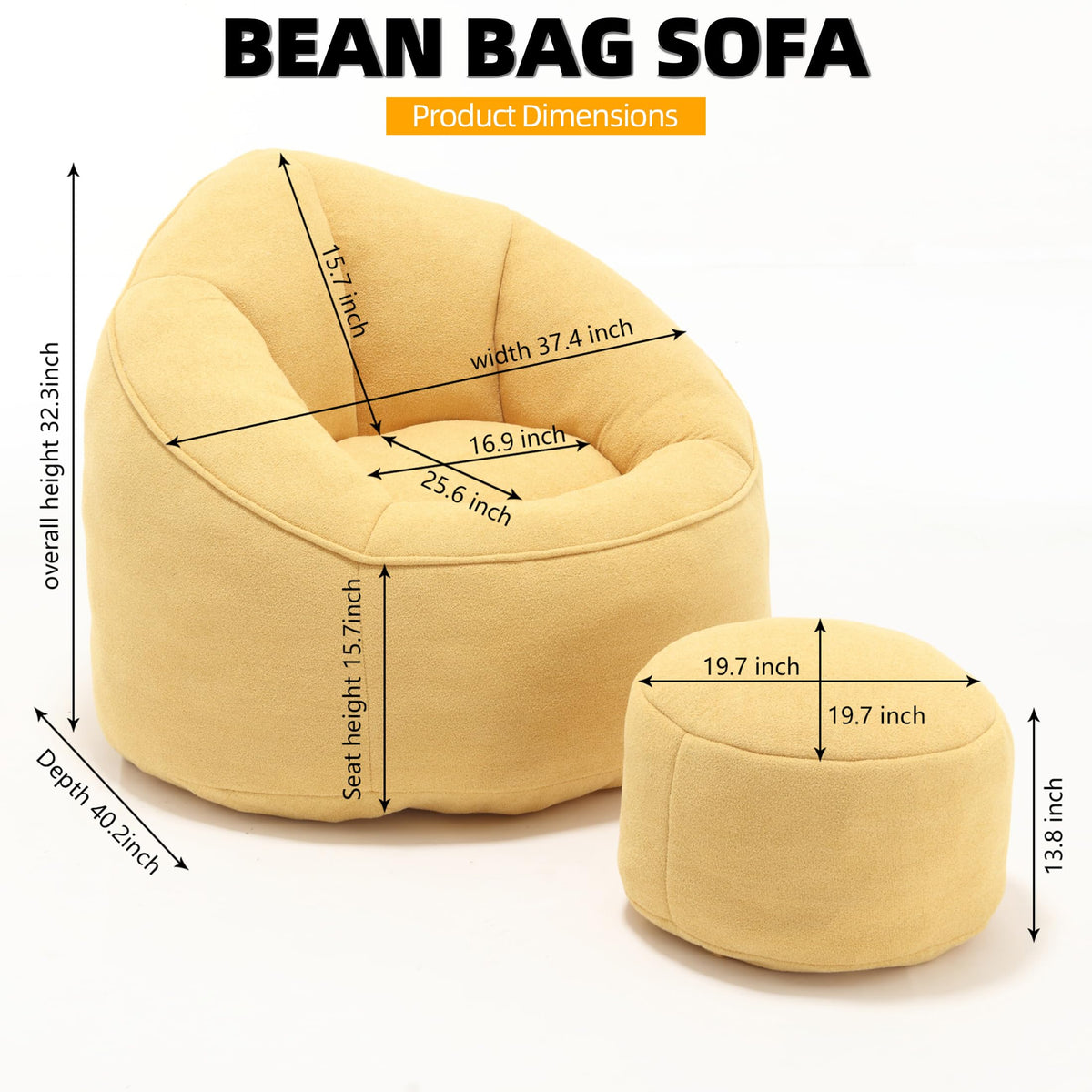 Yellow 3.4 FT Bean Bag Chair with Ottoman V3247