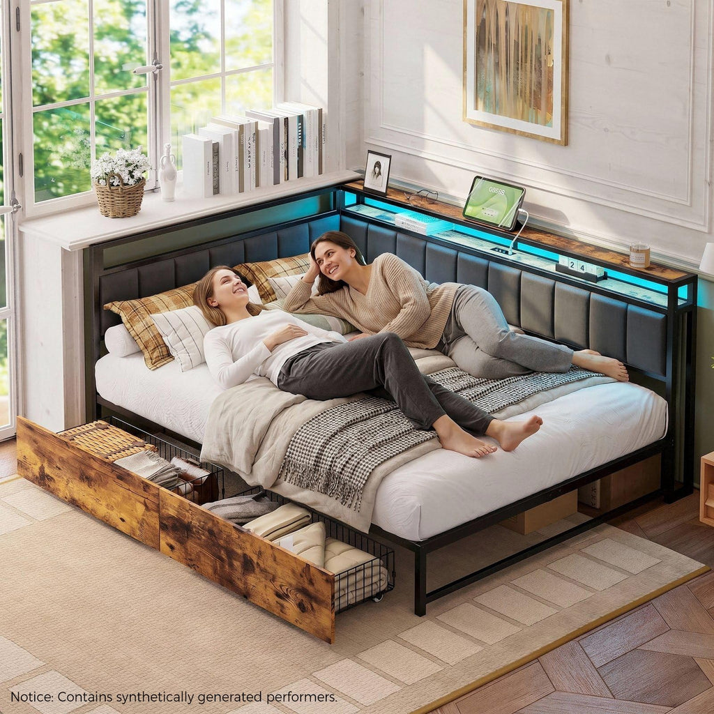 Full Corner Bed Frame with Storage Drawers, LED, Charging, Black Z68072