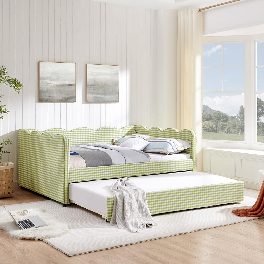 Green Gingham Full to King Upholstered Daybed with Trundle Q52410