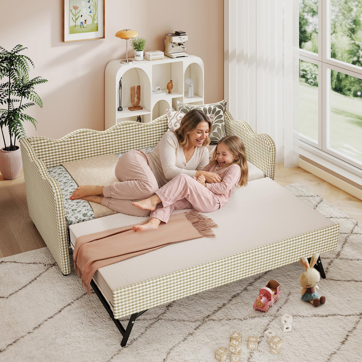 Twin Size Upholstered Gingham Daybed with Pop Up Trundle O374347