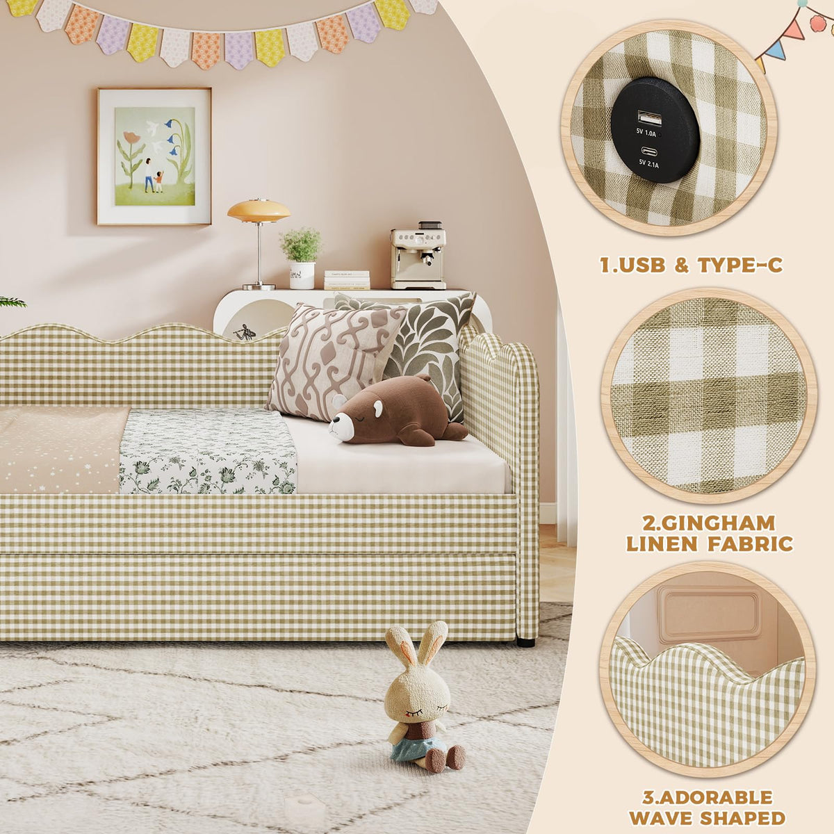 Twin Size Upholstered Gingham Daybed with Pop Up Trundle O374347