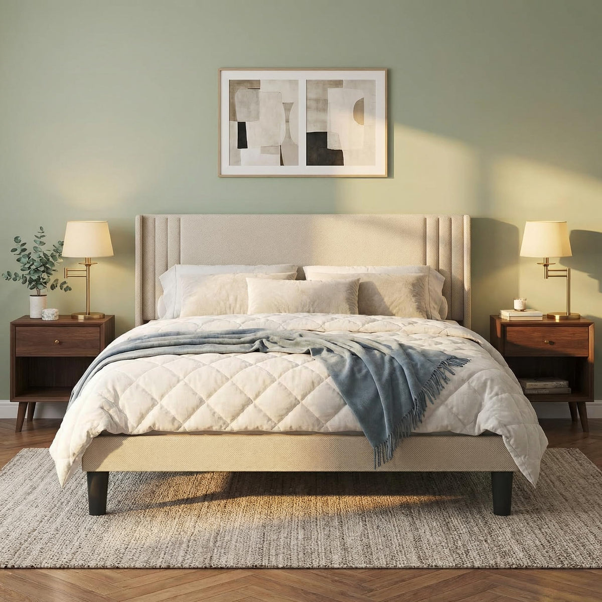 Queen Upholstered Platform Bed with Wingback Headboard M299