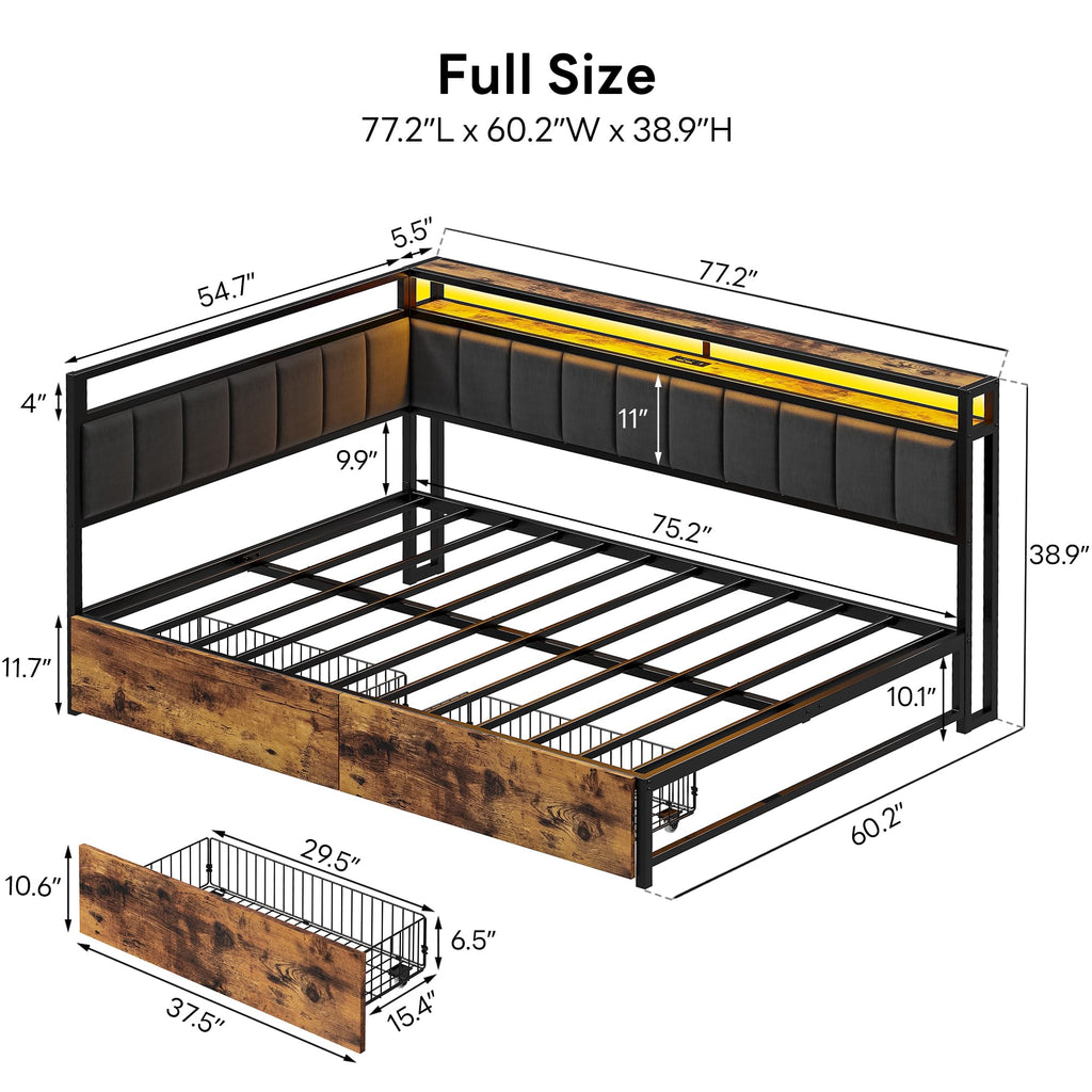 Full Corner Bed Frame with Storage Drawers, LED, Charging, Black Z68072