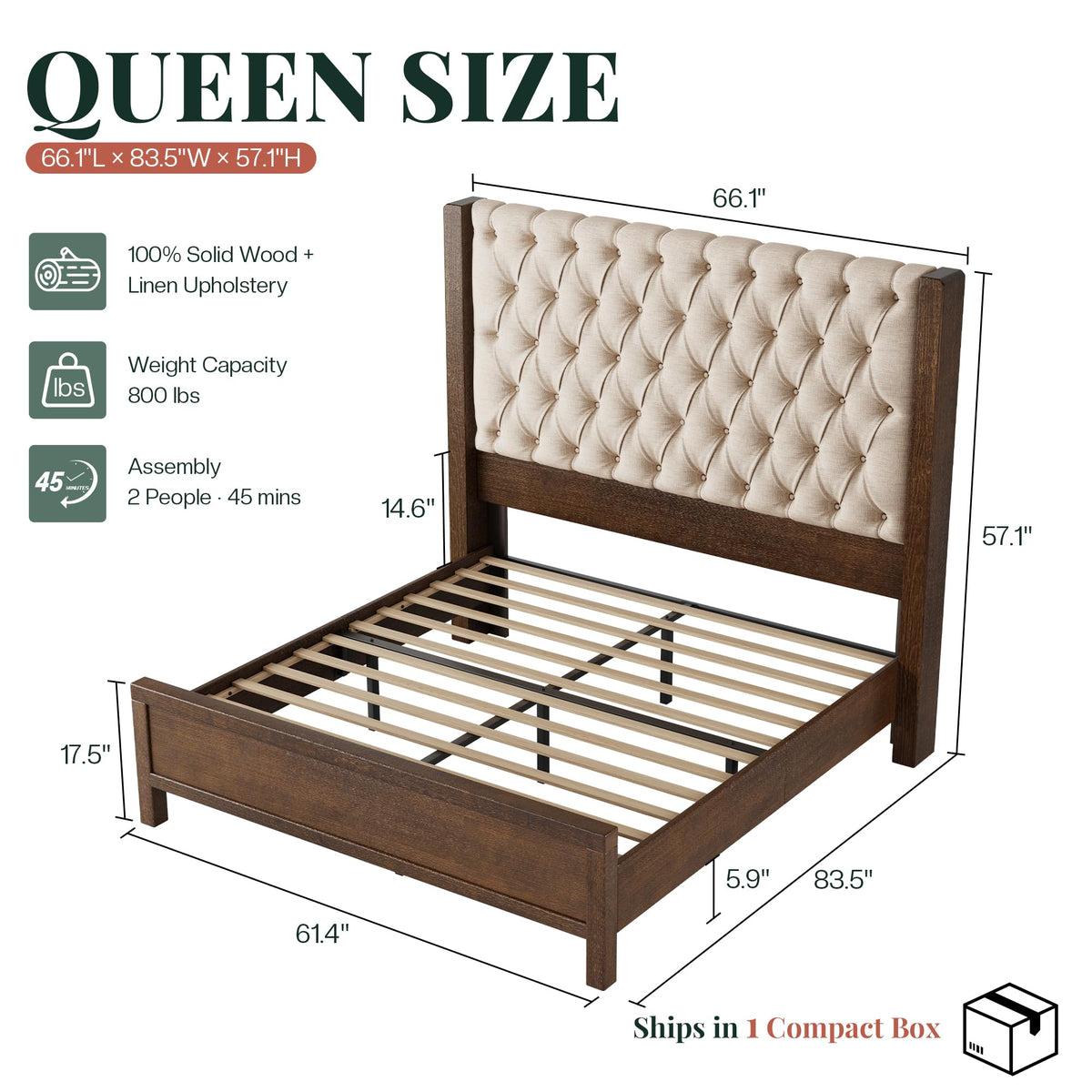 Queen Size Solid Wood Bed Frame with Wingback Headboard C3402