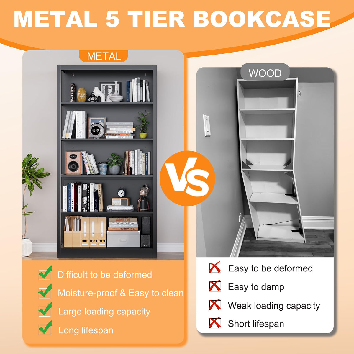 66" Tall Black Metal Bookcase with Adjustable Shelves S31035