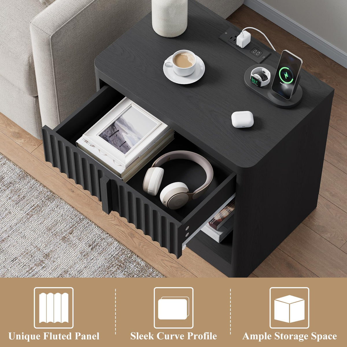 23.6" Fluted Nightstand with Charging Station, Black C240211