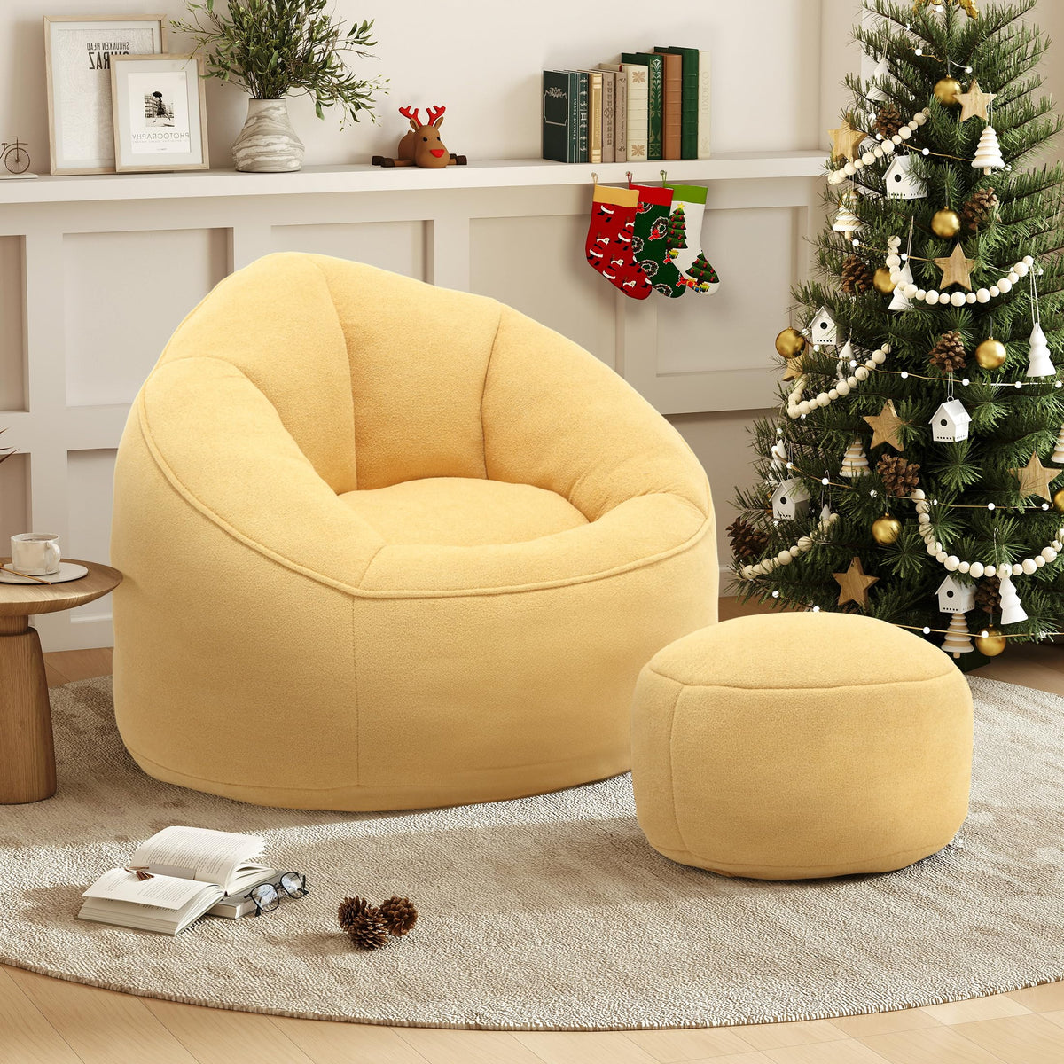 Yellow 3.4 FT Bean Bag Chair with Ottoman V3247