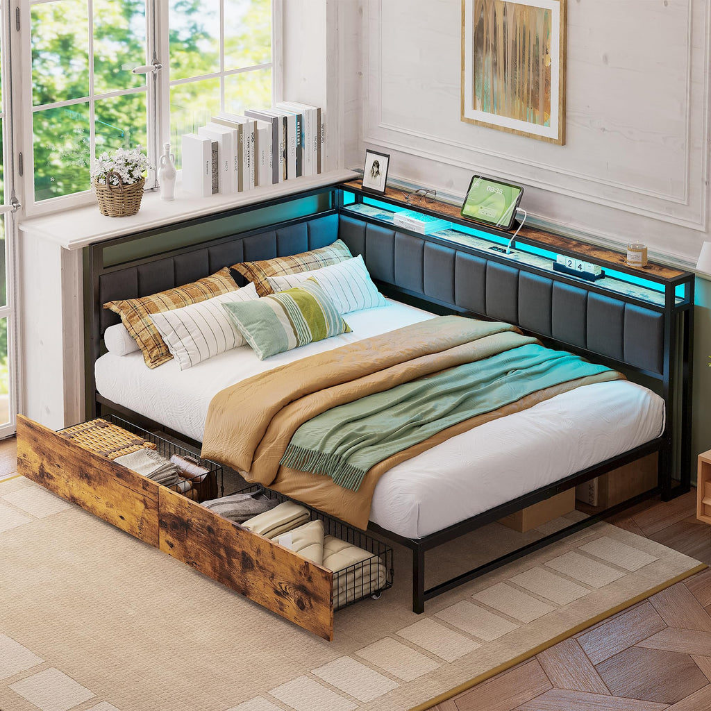 Full Corner Bed Frame with Storage Drawers, LED, Charging, Black Z68072