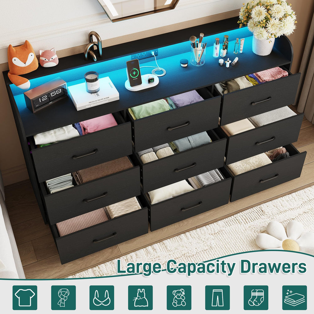 Black 9 Drawer Wood Dresser with Power Outlet and LED Lights N22577